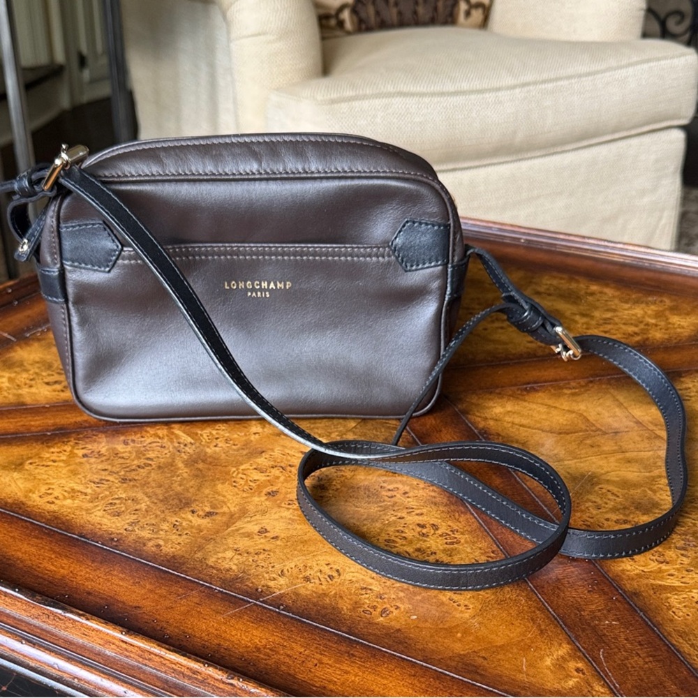 Longchamp Dark Brown with Black Detailing Leather Crossbody Bag